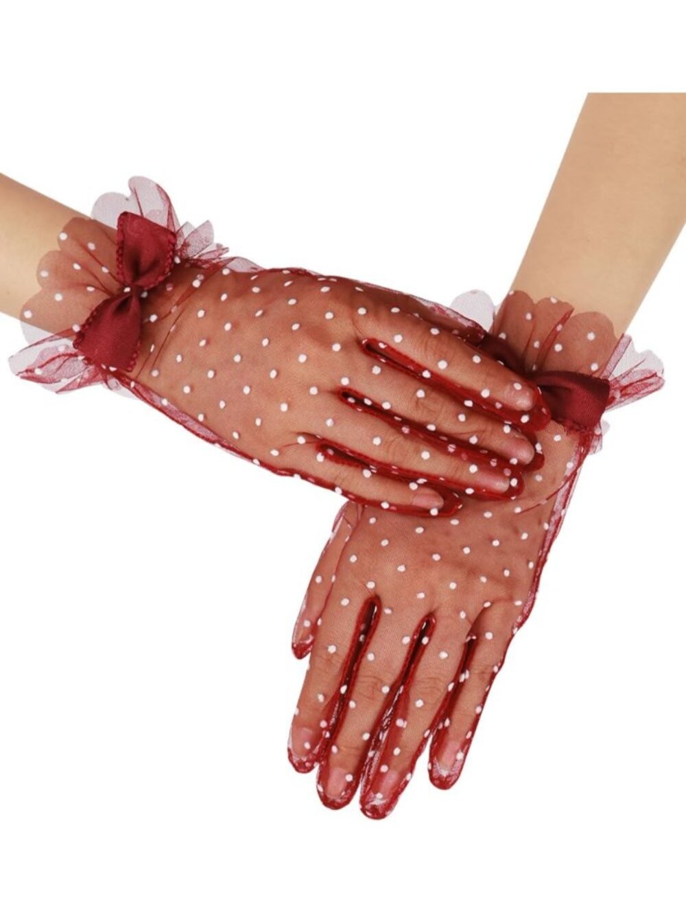 Women's Burgundy 1920s Cocktail Opera Wrist Length Tulle Short Sheer Mesh Gloves